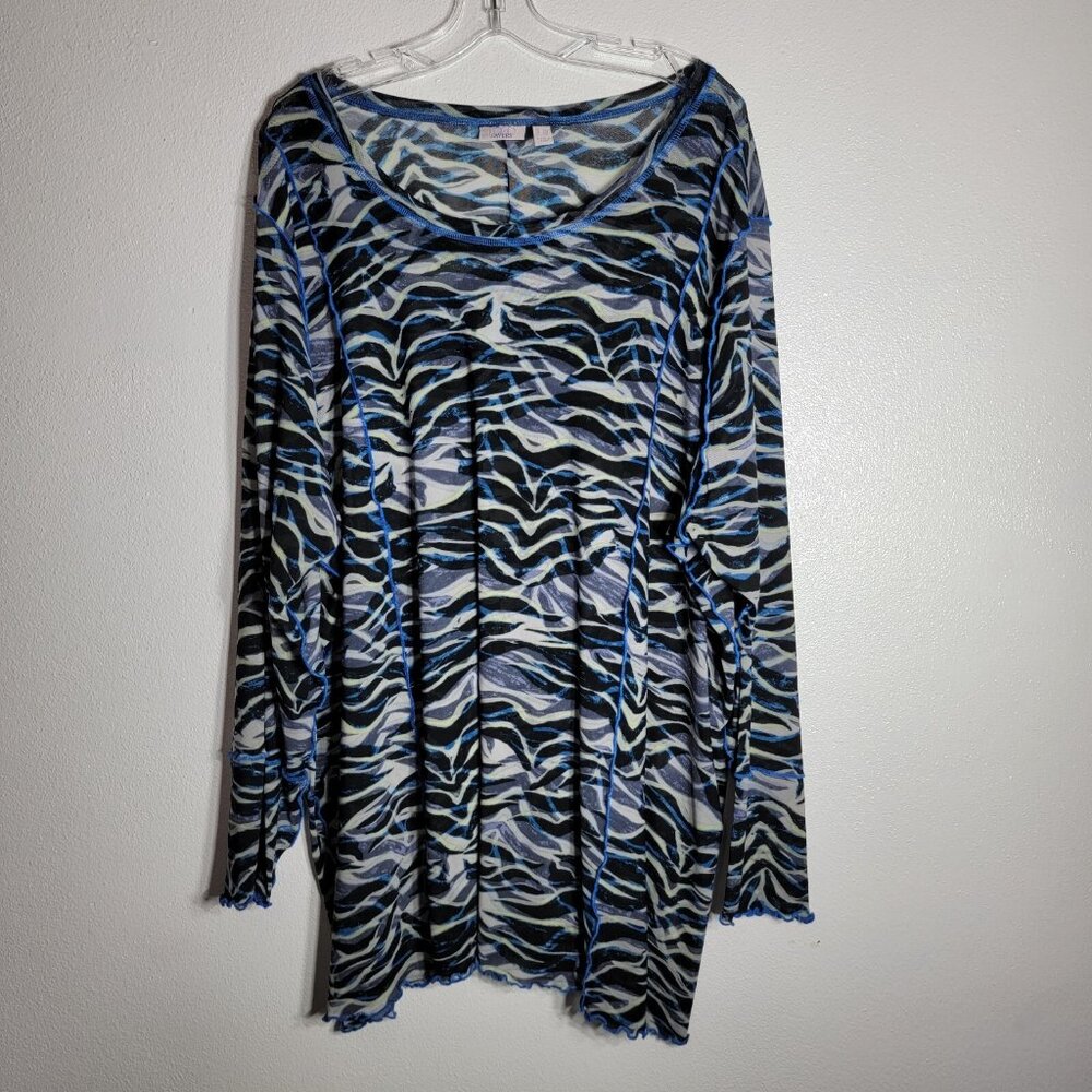 Logo by Lori Goldstein Blue‎ Zebra Top Plus Size 5X Long Sleeve Sheer Pullover